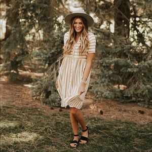 Roolee Cream and White Striped Button-Front Midi Dress